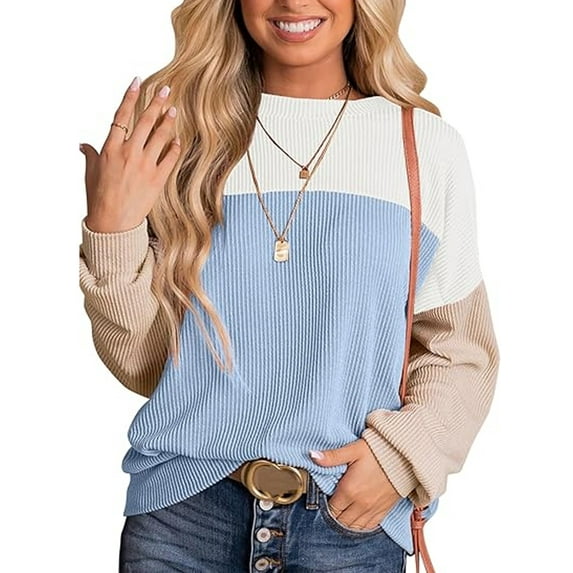 SHIBEVER Women Long Sleeve Tops Color Block Round Neck Shirts Casual Knitted Ribbed Sweatshirts Pullover for Women Fall Clothing Tunics Tops Blouses Size S
