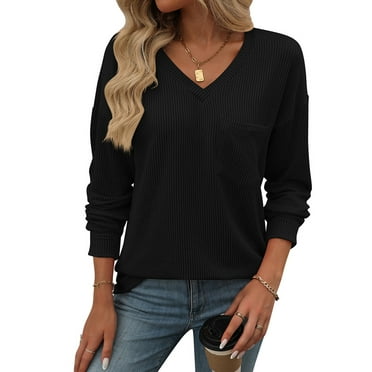 SHIBEVER Women Long Sleeve Tops Fall Clothing Casual V Neck Blouses Pullover Ribbed Knit Tunic Shirts with Pocket Lightweight Sweatshirts T-shirts Solid Color Black