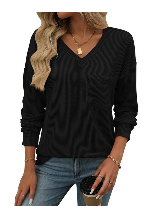 Women Long Sleeve Tops Fall Clothing Casual V Neck Blouses Pullover Ribbed Knit Tunic Shirts with Pocket Lightweight Sweatshirts T-shirts Solid Color Black