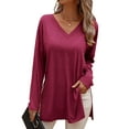 thumbnail image 1 of SHIBEVER Women Long Sleeve Tops T Shirts Casual Loose Fit Tunic Tops Cute Side Slit Top Casual V Neck Tops Winered M, 1 of 3