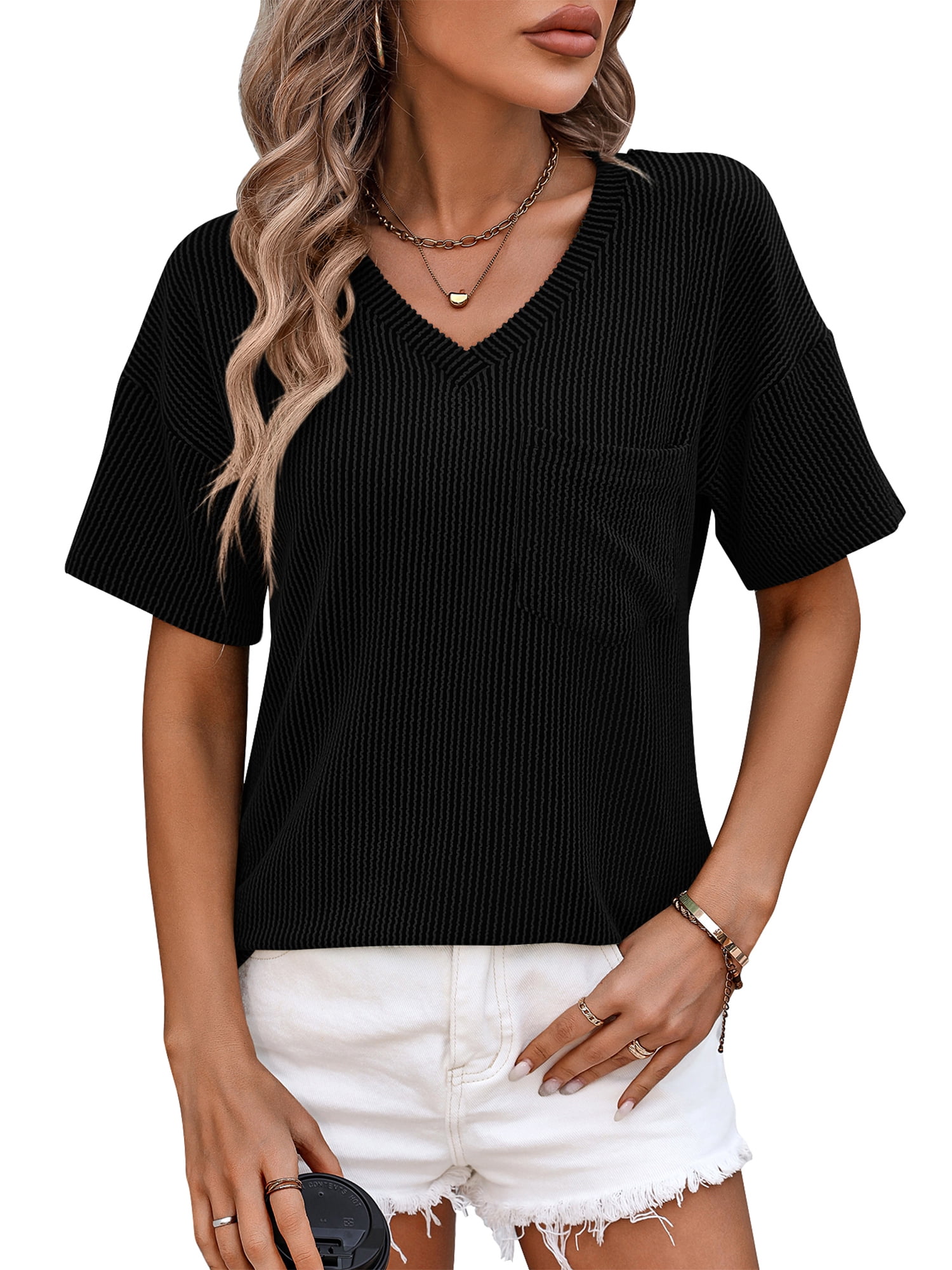 SHIBEVER Women Summer T Shirts Casual Short Sleeve Blouses Trendy V ...