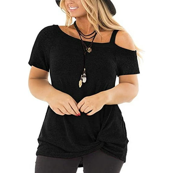 SHIBEVER Women Plus Size Tops Summer Casual Short Sleeve Loose Fit Tee Shirt Twist Knot Blouses Tunics Soild Black Shirts