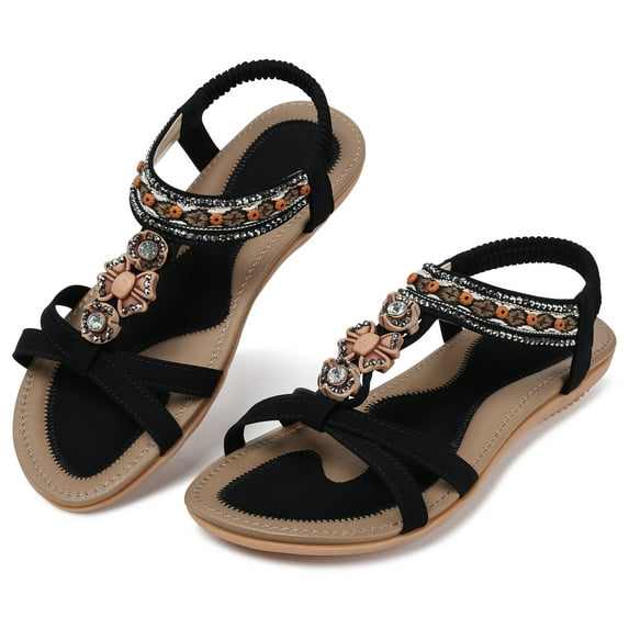 SHIBEVER Women Sandals Summer Flats Sandal Comfortable Bohemian Sandals Casual Beach Sandal Elastic Ankle Strap Walking Shoes Black