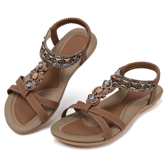 SHIBEVER Women Sandals Summer Flats Sandal Comfortable Bohemian Sandals Casual Beach Sandal Elastic Ankle Strap Walking Shoes Brown