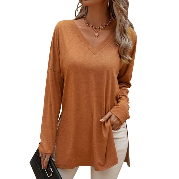 SHIBEVER Women Shirts Long Sleeve Tops Casual Loose Lady T shirts Side Split Tunic Top Casual Vneck Shirt Orange XL