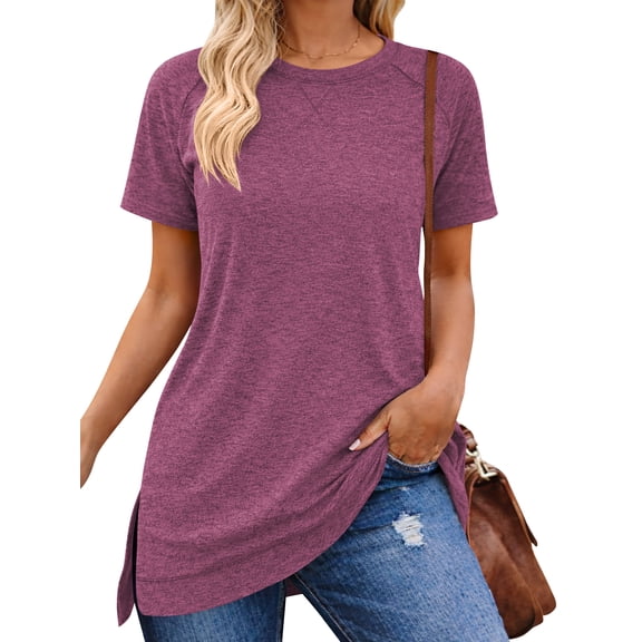 SHIBEVER Women Short Sleeve T Shirts Summer Casual Side Split Tunic Tops Dressy Loose Fit Ladies Tee Shirt Crewneck Blouse Wine Red L