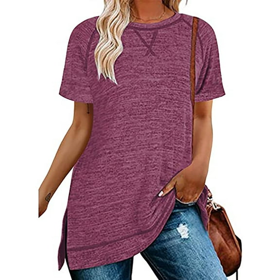 SHIBEVER Women Short Sleeve T Shirts Summer Casual Side Split Tunic Tops Dressy Loose Fit Ladies Tee Shirt Crewneck Blouse Wine Red M