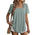 thumbnail image 1 of SHIBEVER Women Short Sleeve Tops Baggy Square Neck Blouse Fashion Solid Color T-shirt Casual Pleated Dressy Green Tee Size L, 1 of 6