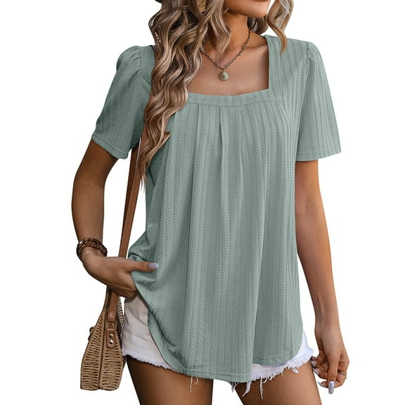 SHIBEVER Women Short Sleeve Tops Baggy Square Neck Blouse Fashion Solid Color T-shirt Casual Pleated Dressy Green Tee Size L
