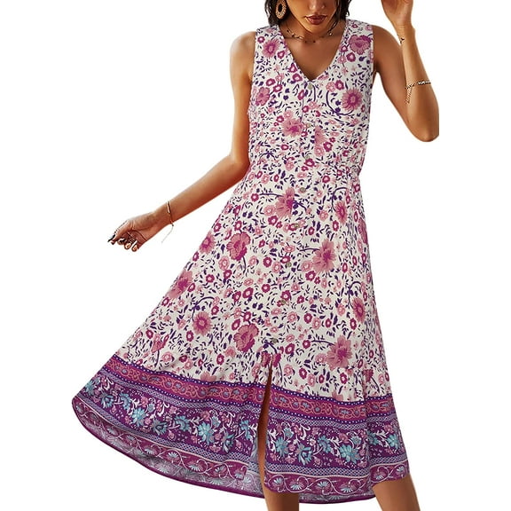 SHIBEVER Women Sleeveless Dress Summer Floral Bohemian V Neck Button Down Flowy Dresses