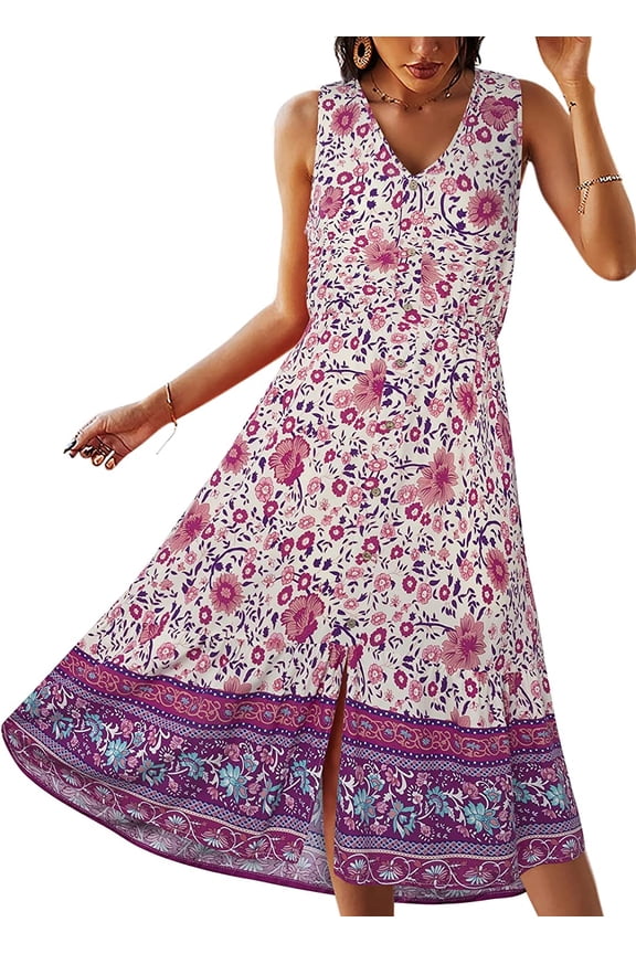 Women Sleeveless Dress Summer Floral Bohemian V Neck Button Down Flowy Dresses
