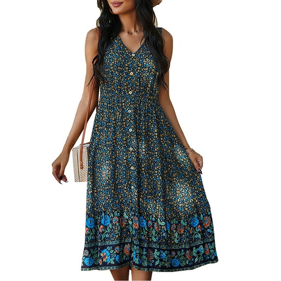 SHIBEVER Women Sleeveless Dress Summer Floral Bohemian V Neck Button Down Flowy Dresses