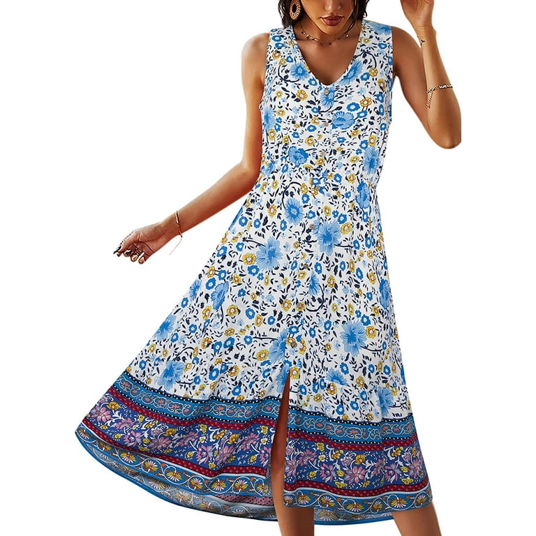 SHIBEVER Women Sleeveless Dress Summer Floral Bohemian V Neck Button Down Flowy Dresses Walmart