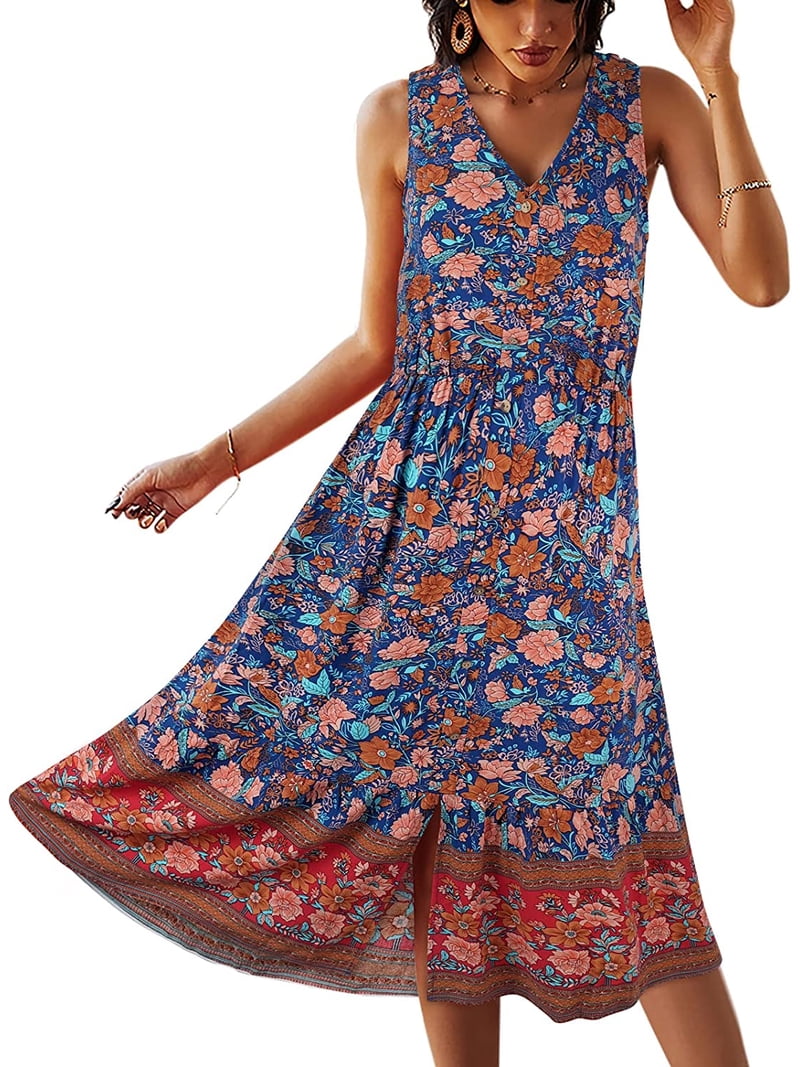 SHIBEVER Women Sleeveless Dress Summer Floral Bohemian V Neck Button Down Flowy Dresses - Walmart.com SHIBEVER Women Sleeveless Dress Summer Floral Bohemian V Neck Button Down Flowy Dresses - Walmart.com