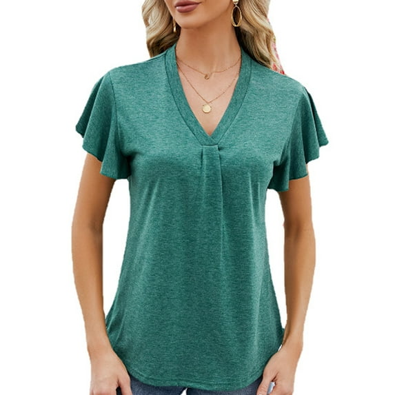 SHIBEVER Women Summer T Shirts Casual V Neck Tops Short Sleeve Tunic Tops for Women Loose Solid Color Black Tee Dolman Side Shirring Shirts Plus Size XXL
