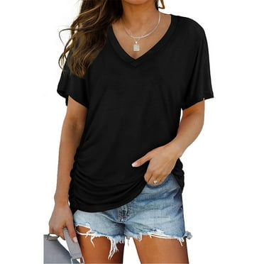 SHIBEVER Women Summer T Shirts Casual V Neck Tops Short Sleeve Tunic Tops for Women Loose Solid Color Black Tee Dolman Side Shirring Shirts Size XL