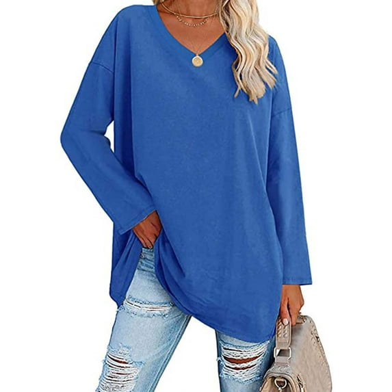 SHIBEVER Oversized T Shirts for Women Long Sleeve Shirts Fall Tops Loose Blouse V Neck Tunic Tops Casual Pullover Sweatshirts Fashion Solid Color Blue Size M