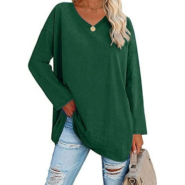 SHIBEVER Womens Long Sleeve Oversized T Shirts Loose Casual V Neck Tunic Tops Soft Blouse Fall Tops for Women Pullover Sweatshirts Solid Color Green Size M