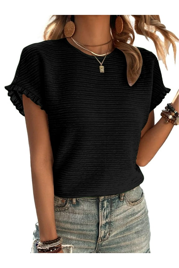 Women Summer Tops Casual Round Neck Cap Short Sleeve Ruffle T Shirts Comfy Knit Loose Fit Solid Color Tee Shirts