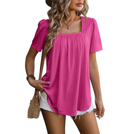 SHIBEVER Womens Tops Casual Spring Summer Tshirts Short Sleeve Square Neck Basic Tee Outfits Workout Blouses for Women Clothes Going Out Tunic Tops