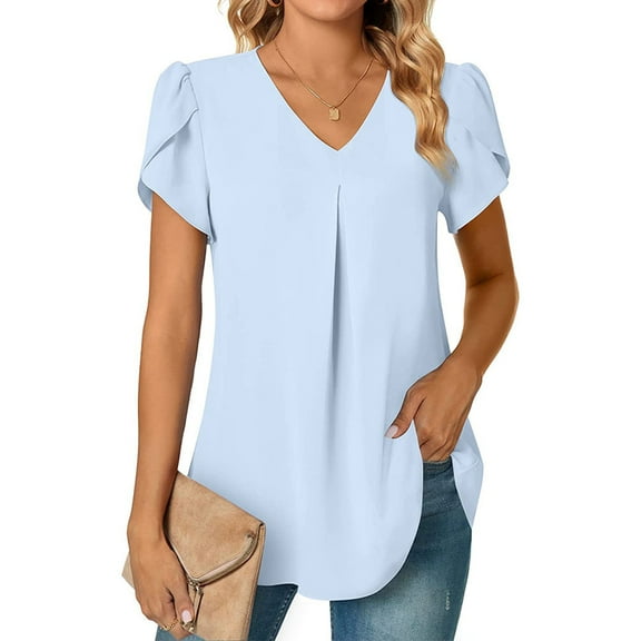 SHIBEVER Women Summer Tops Chiffon Tunic Casual V Neck Tshirt Trendy Petal Sleeve Blouses Loose Work Shirts Solid Color Blue Size XL