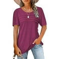 thumbnail image 1 of SHIBEVER Women Summer Tops Trendy Crew Neck Casual Short Sleeve Blouse Fit Solid Color Tee Pleated Ladies Blouses Red Tshirt Size XL, 1 of 6