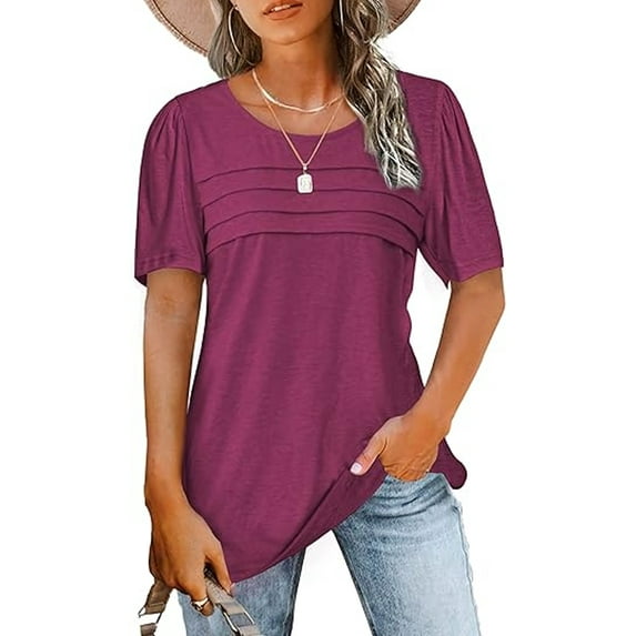 SHIBEVER Women Summer Tops Trendy Crew Neck Casual Short Sleeve Blouse Fit Solid Color Tee Pleated Ladies Blouses Red Tshirt Size XL