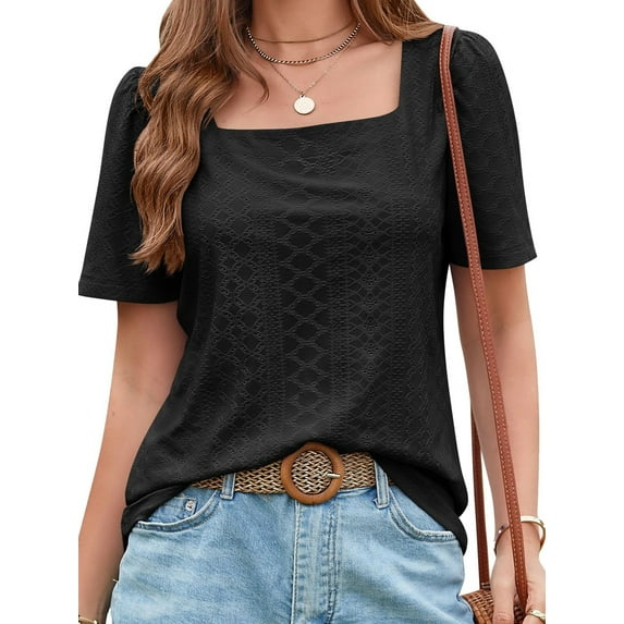 SHIBEVER Women Summer Tops Trendy Square Neck Casual Short Sleeve Blouse Loose Solid Color Tee Eyelet Ladies Blouses Black Tshirt Plus Size XXL