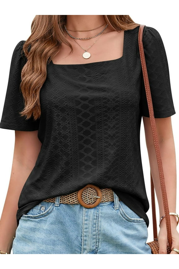 Women Summer Tops Trendy Square Neck Casual Short Sleeve Blouse Loose Solid Color Tee Eyelet Ladies Blouses Black Tshirt Size XL