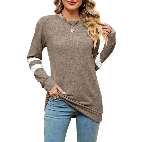 SHIBEVER Women Sweatshirt Tops Casual Loose V Neck T Shirt Long Sleeve Fall Top Striped Tees Fashion Clothes Khaki L