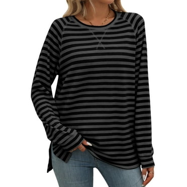 SHIBEVER Women Sweatshirts Long Sleeve Side Slit Round Neck Shirts Trendy Striped Color Block Tunic Tops Loose Fit Blouses for Women