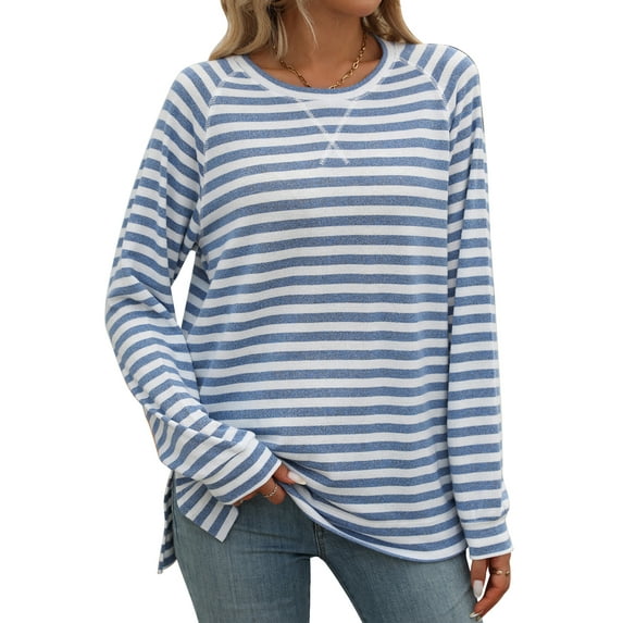 SHIBEVER Women Sweatshirts Long Sleeve Tunic Tops Plus Size Crew Neck Side Slit T Shirts Stripe Color Block Pullover Loose Shirts for Women