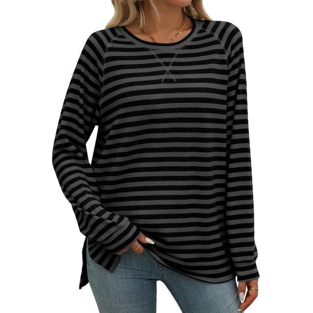 SHIBEVER Women Sweatshirts Plus Size Long Sleeve Striped Side Slit Shirts Color Block Tunic Tops Trendy Loose Fit Pullovers for Women