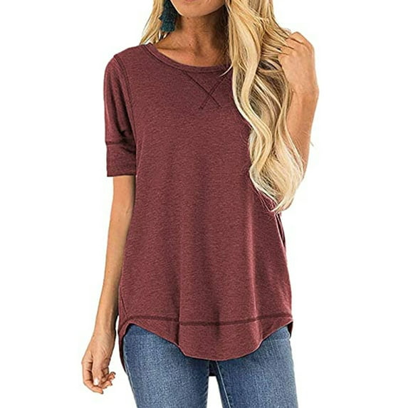 SHIBEVER Women T-Shirts Casual Short Sleeve Summer Crew Neck Tops Comfort Soft Women Tops Leisure Winered Blouse Tee Size S