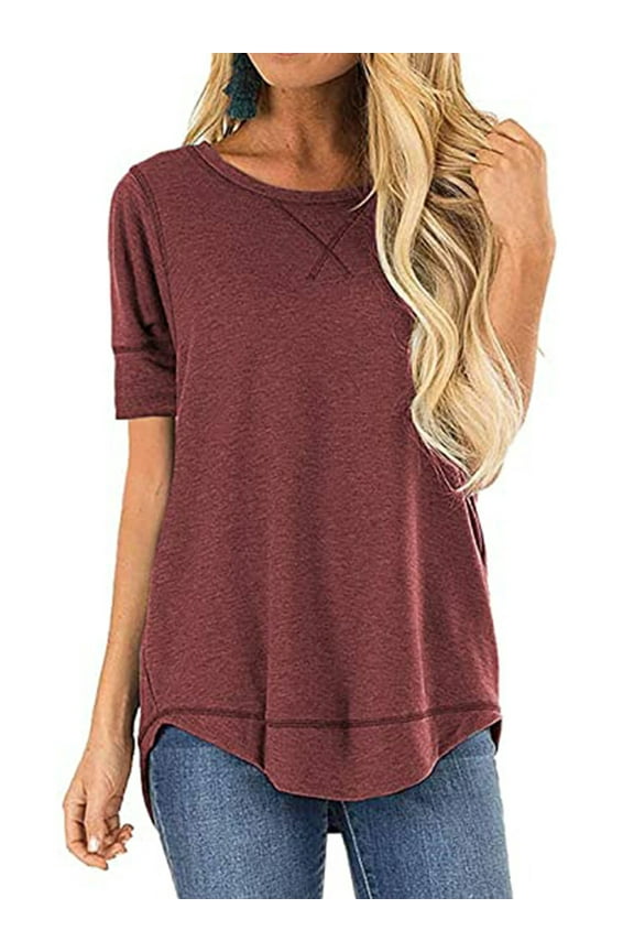 Women T-Shirts Casual Short Sleeve Summer Crew Neck Tops Comfort Soft Women Tops Leisure Winered Blouse Tee Size XXL