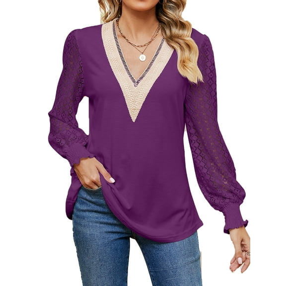 SHIBEVER Women T Shirts Fashion Puff Long Sleeves Tunic Tops Fall Casual V Neck Lace Shirts for Women Size L