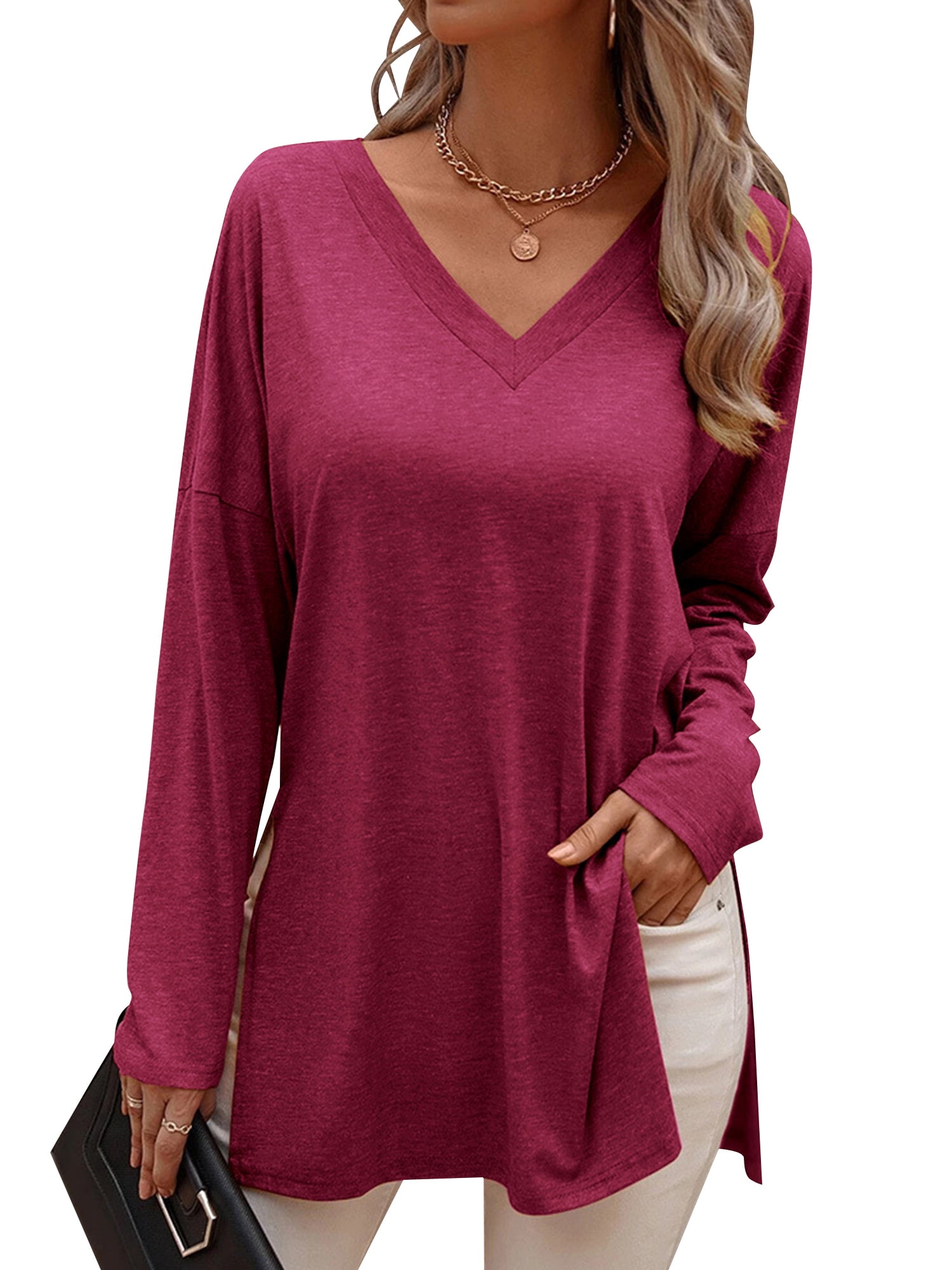 Women T Shirts Long Sleeve Tunic Tops Casual Loose Fit Side Slit Lady Top Caual V Neck Shirts Winered L