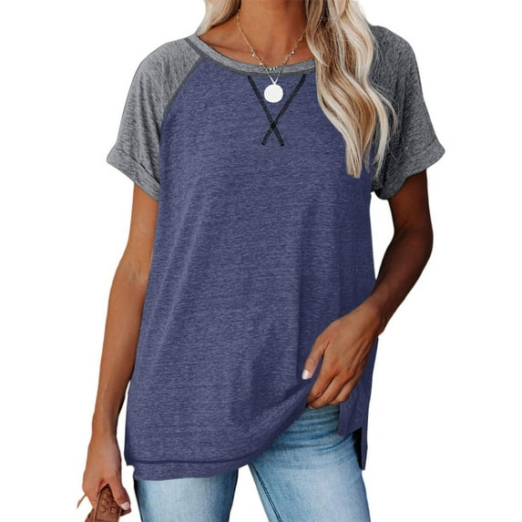 SHIBEVER Women T Shirts Short Sleeve Top for Women Summer Casual Color Block Tunic Tops Loose Fit Side Split Tops Crewneck Ladies Blouses Navy Blue XXL