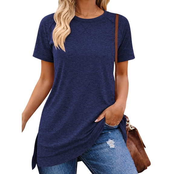 SHIBEVER Women T-Shirts Summer Short Sleeve Tops Casual Loose Tunic Tops Side Split Ladies Comfortable Crewneck Tops Blouse Dark Blue M