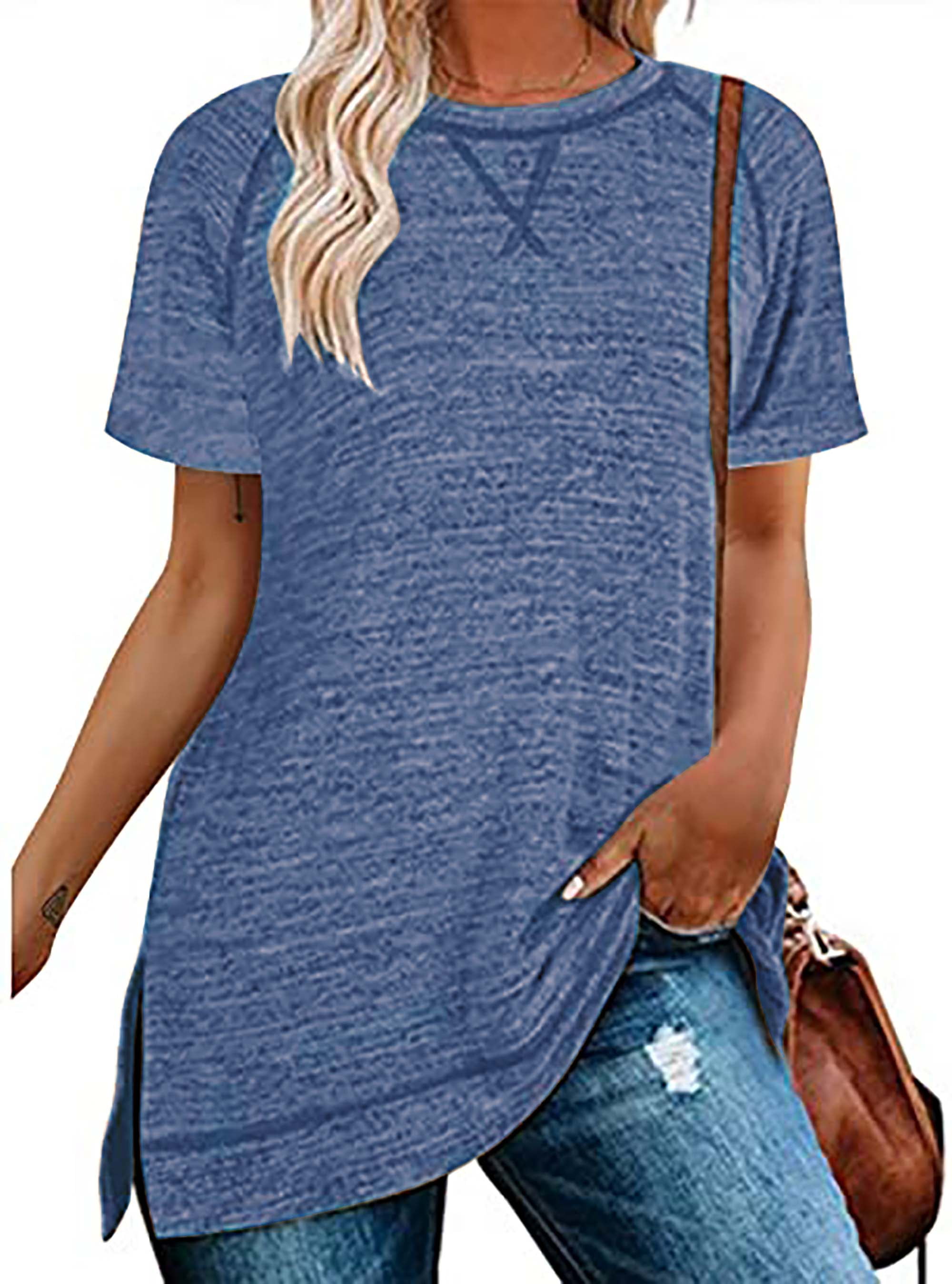 Women's Crewneck Raglan T-Shirt - Casual Short Sleeve Side Split Tee (Grey Green)