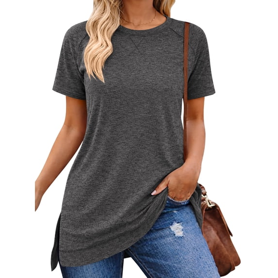 SHIBEVER Women T-Shirts Summer Short Sleeve Tops Casual Loose Tunic Tops Side Split Ladies Comfortable Crewneck Tops Blouse Gray M