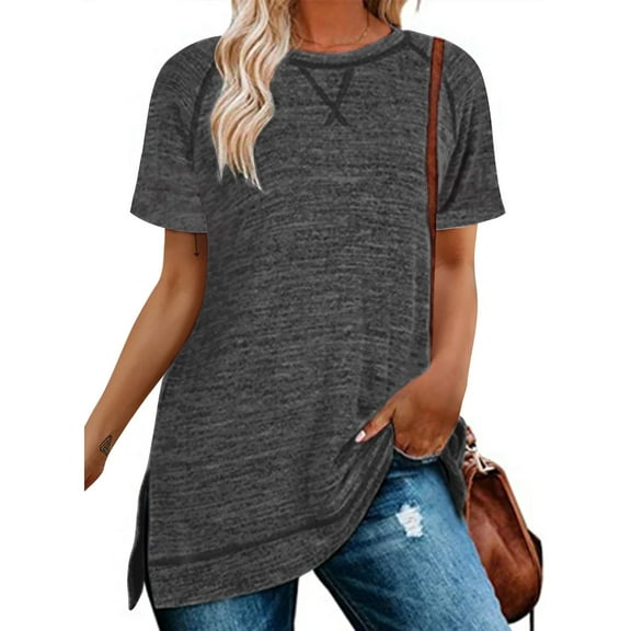 SHIBEVER Women T-Shirts Summer Short Sleeve Tops Casual Loose Tunic Tops Side Split Ladies Comfortable Crewneck Tops Blouse Gray XL