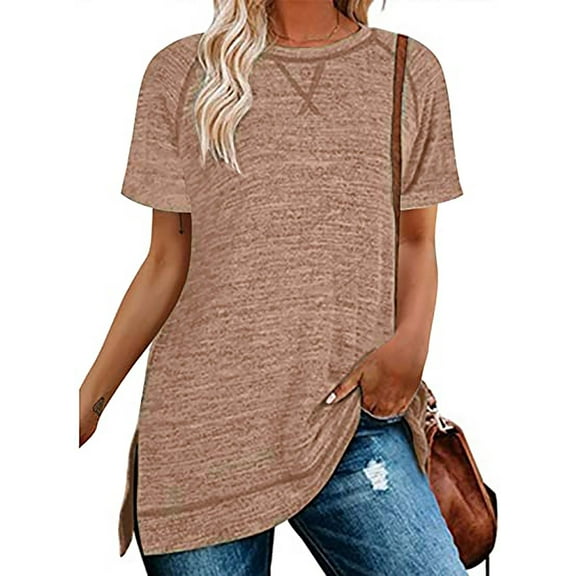 SHIBEVER Women T-Shirts Summer Short Sleeve Tops Casual Loose Tunic Tops Side Split Ladies Comfortable Crewneck Tops Blouse Khaki L