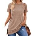 thumbnail image 1 of SHIBEVER Women T-Shirts Summer Short Sleeve Tops Casual Loose Tunic Tops Side Split Ladies Comfortable Crewneck Tops Blouse Khaki S, 1 of 8