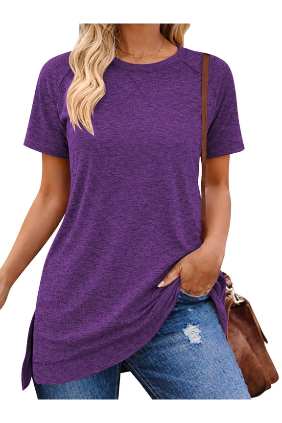 Women T-Shirts Summer Short Sleeve Tops Casual Loose Tunic Tops Side Split Ladies Comfortable Crewneck Tops Blouse Purple L