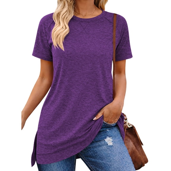 SHIBEVER Women T-Shirts Summer Short Sleeve Tops Casual Loose Tunic Tops Side Split Ladies Comfortable Crewneck Tops Blouse Purple XL