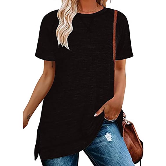 SHIBEVER Women T Shirts Summer Short Sleeve Tunic Tops Casual Loose Fit Side Slit Ladies Top Comfortable Crewneck Shirts Black L