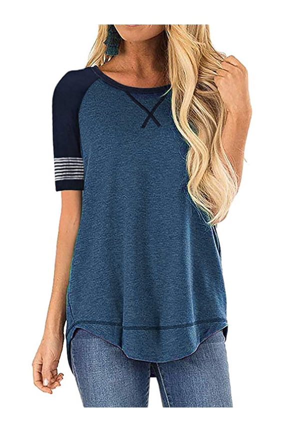 Women T Shirts Summer Tops Casual Short Sleeve Tunic Tops Fashion Crew Neck Loose Fit T Shirts Dressy Ladies Tops Blouses Blue
