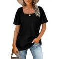 thumbnail image 1 of SHIBEVER Women T-Shirts Summer Tops Short Sleeve Square Collar Tunic Tops Solid Color loose Shirts Knitted Top Blouses Black M, 1 of 4
