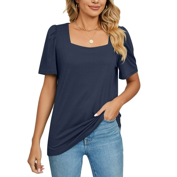 SHIBEVER Women T-Shirts Summer Tops Short Sleeve Square Collar Tunic Tops Solid Color loose Shirts Knitted Top Blouses Navy Blue XXL